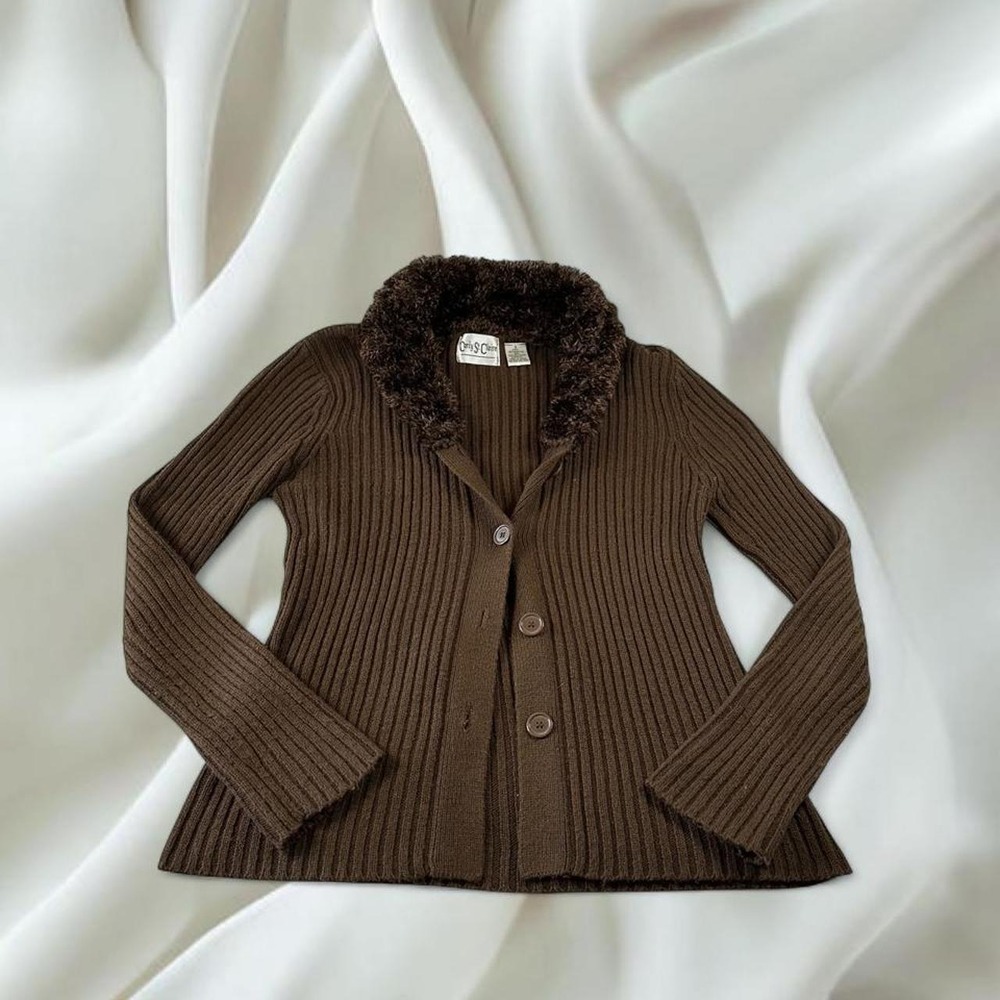 Carly St. Claire brown knit cardigan fur collar y2k mcbling fairy boho western